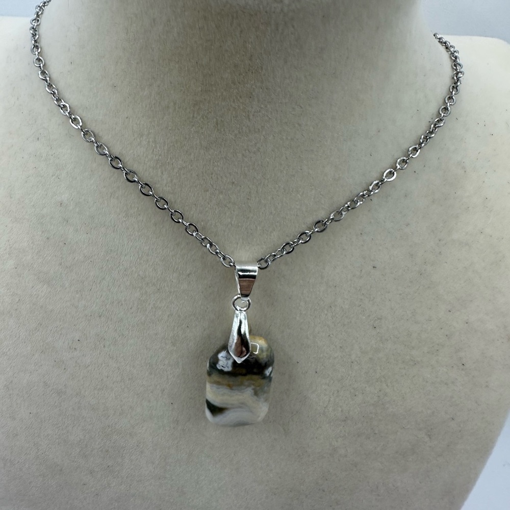 Natural Ocean Jasper Pendant Necklace on Stainless Steel Chain - Picture 4 of 9